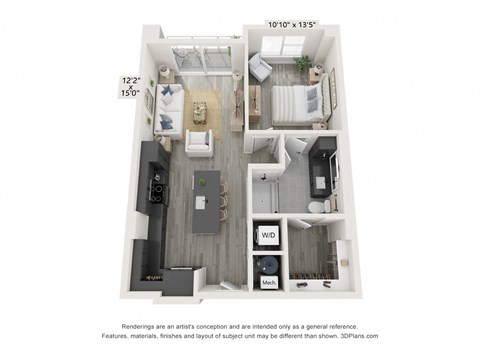 Floor plan for 1 bed, 1 bath, 733 sqft